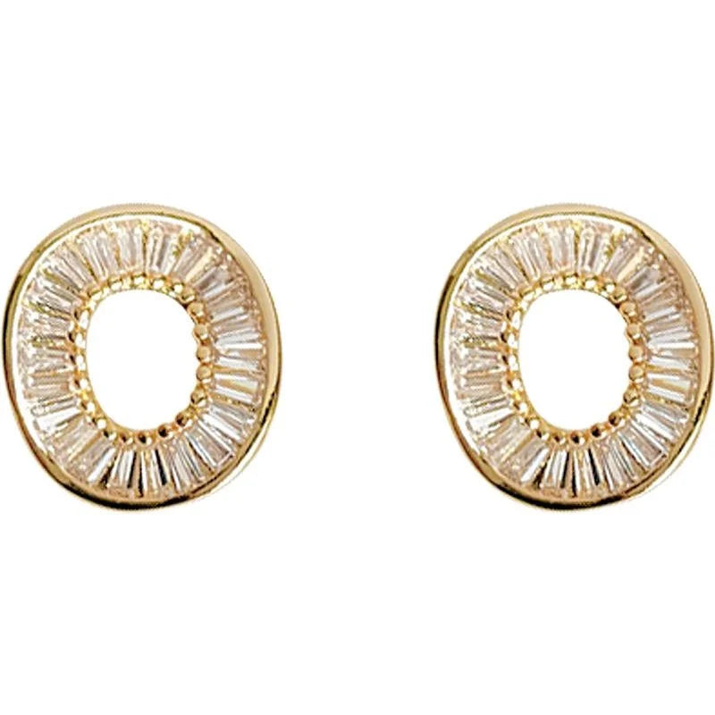 14K Gold Plated Copper Micro Pave Zircon Geometric Hollow Round Stud Earrings