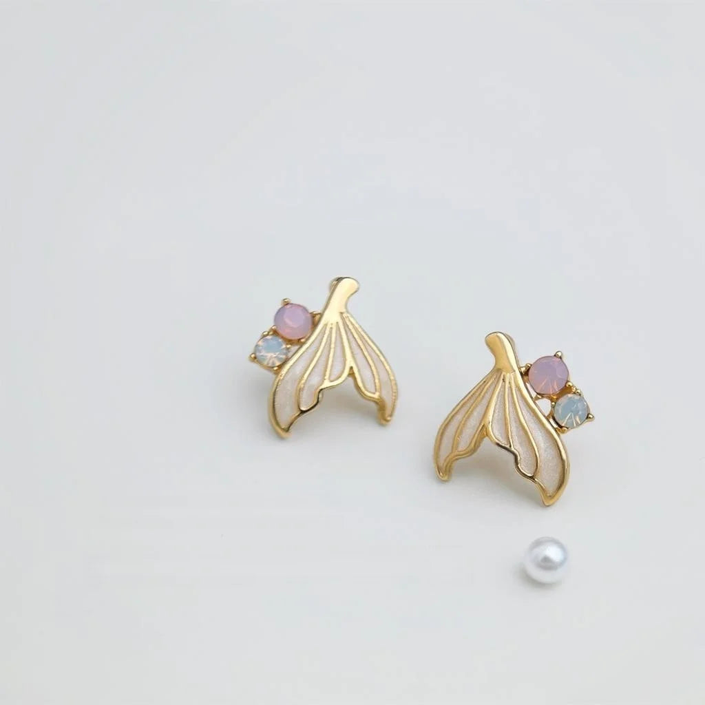 Sweet Fishtail Enamel Copper Stud Earrings With Colorful Rhinestones, Minimal Chic Commuter Jewelry