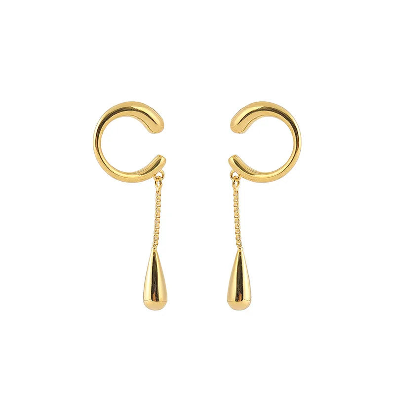 Elegant Gold Alloy Ear Cuff With Long Chain Tassel Teardrop, Stud & Clip On No Piercing Earrings