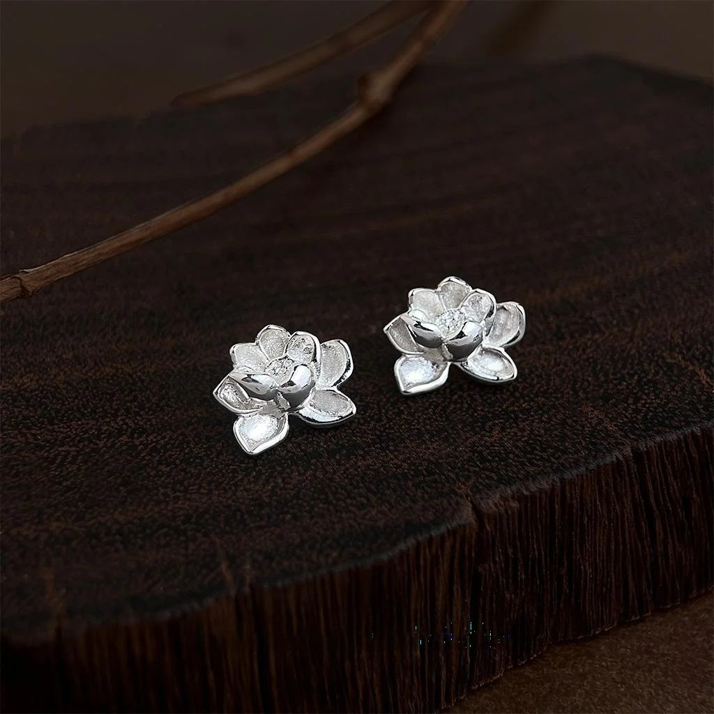 Silver Plated Copper Lotus Flower Stud Earrings Sweet Minimalist Commuter Jewelry