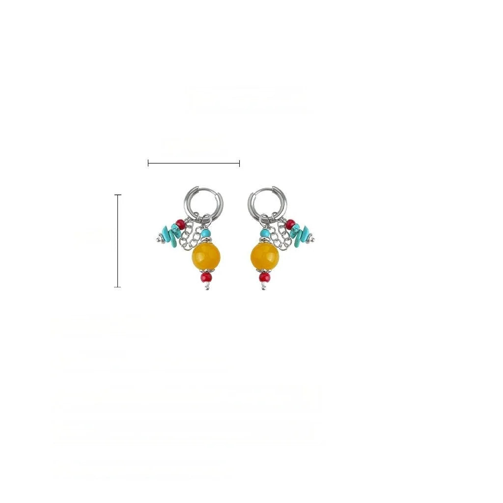 2026 New Chinese Style Geometric Colorful Beaded Copper Natural Stone Synthetic Turquoise Tassel Drop Earrings