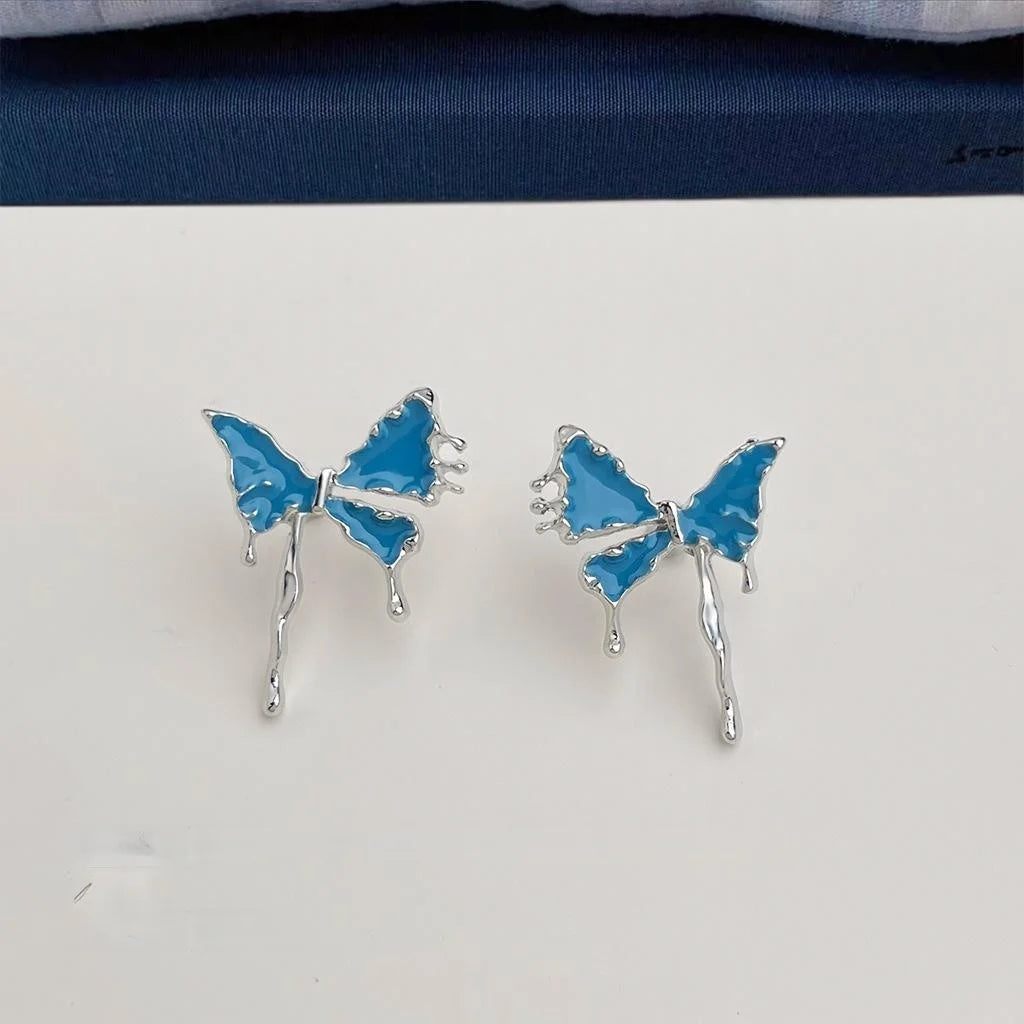 Sweet Cool Haze Blue Butterfly Enamel Wing Stud Earrings, Copper