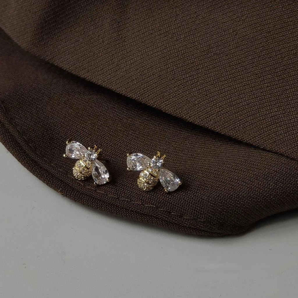14K Gold Plated Needle Zircon Micro Pave Bee Stud Earrings For Women Korean Japanese Minimalist Jewelry