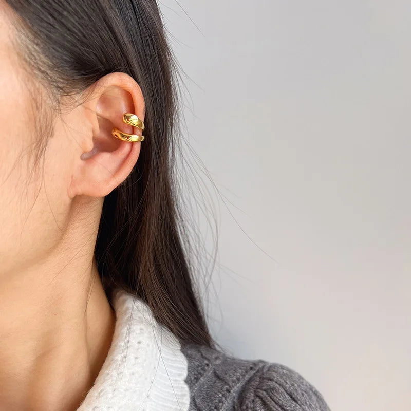 Luxury Irregular Double Layer Alloy Ear Cuff Hoop Stud & Clip On No Piercing Minimalist Earrings