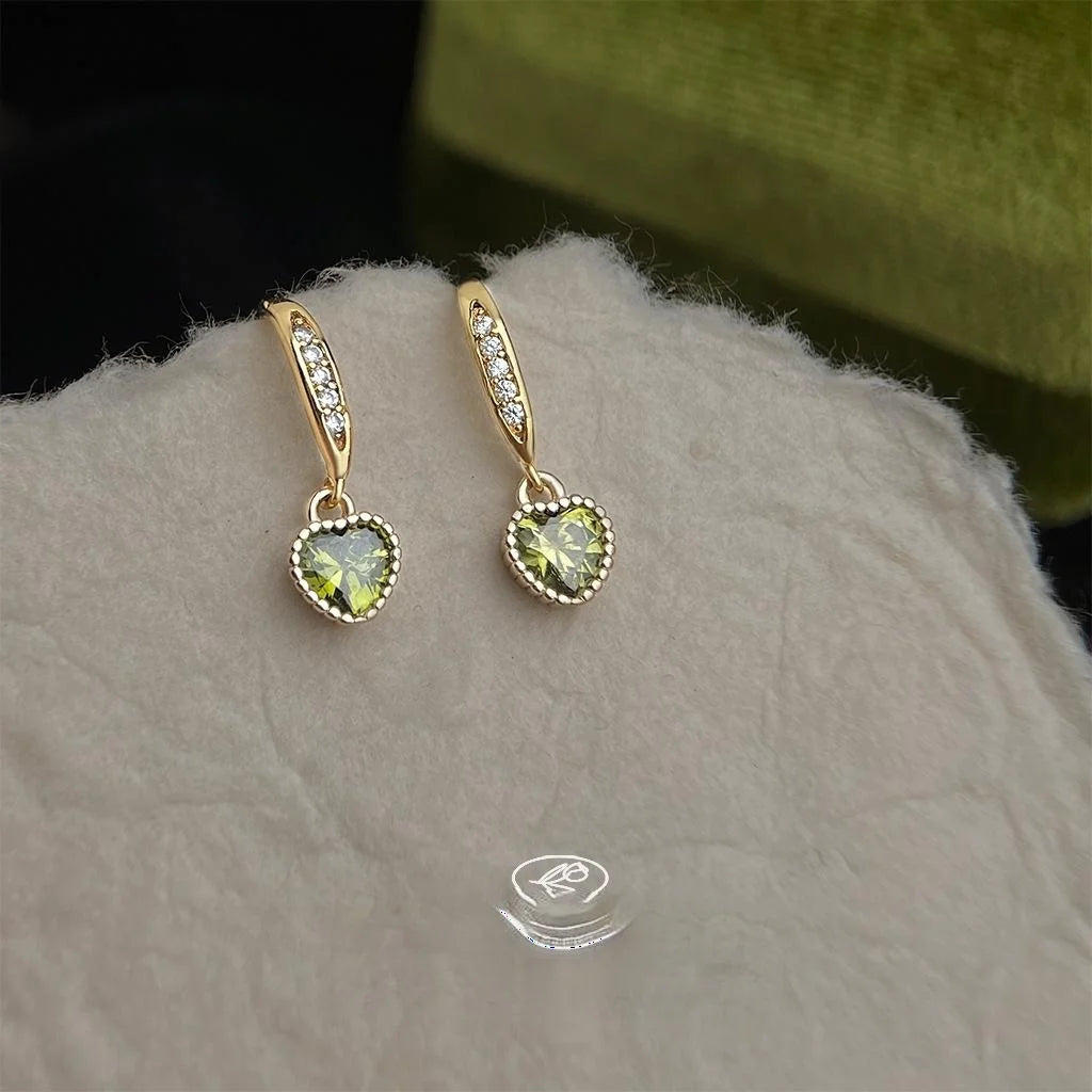 14K Gold Plated Olive Green Zircon Heart Drop Earrings, Light Luxury Minimalist Jewelry