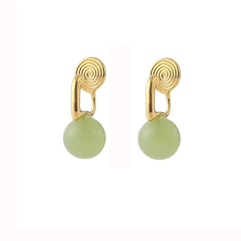 Vintage Chinese Style Green Agate Bead Gold Alloy Spiral Disc Stud & Clip On No Piercing Earrings