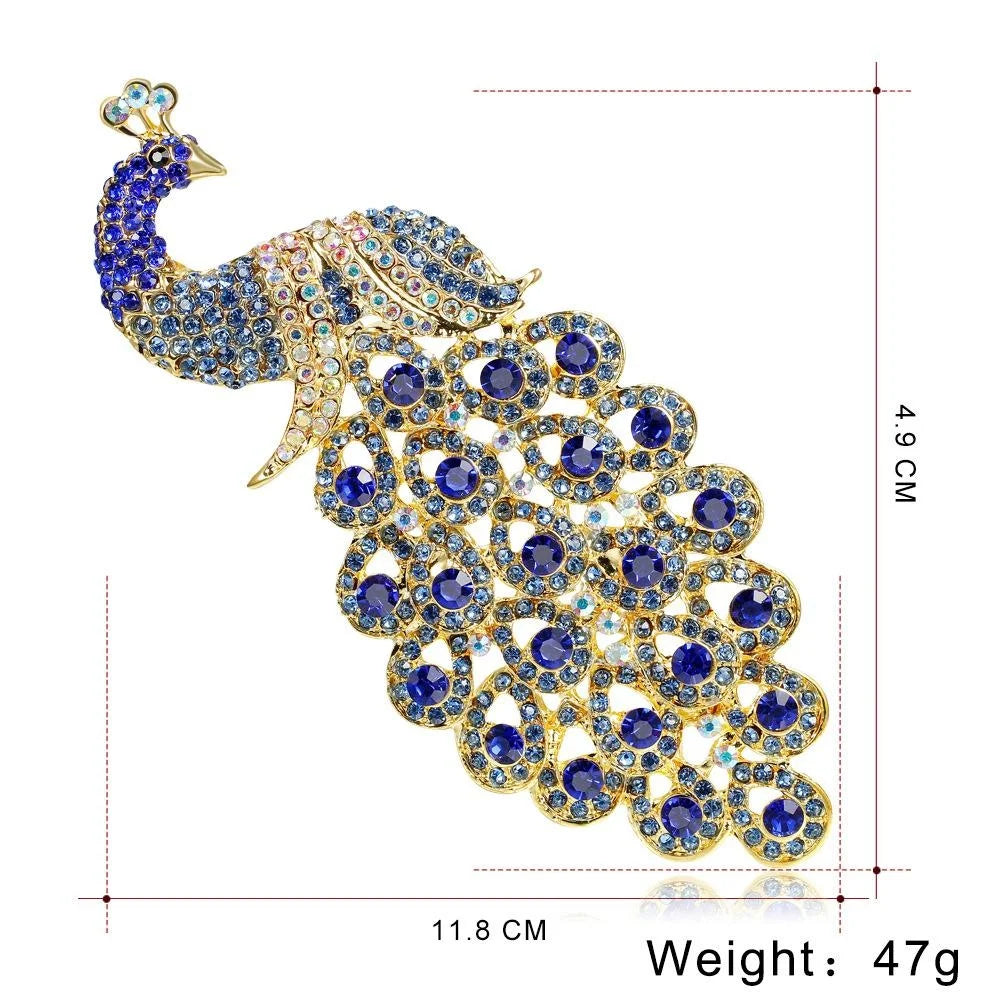Oversized Royal Blue Rhinestone Peacock Brooch, Luxury Alloy Crystal Lapel Pin Corsage Suit Accessory Gift