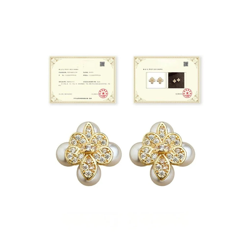 Premium 14K Gold Plated Copper Iris Flower Zircon Pearl Stud Earrings