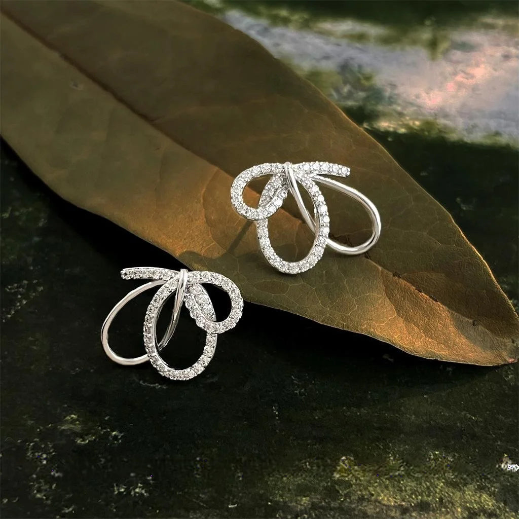 Original Designer Sweet Bowknot Hollow Zircon Copper Stud Earrings With Silver Plated Pins