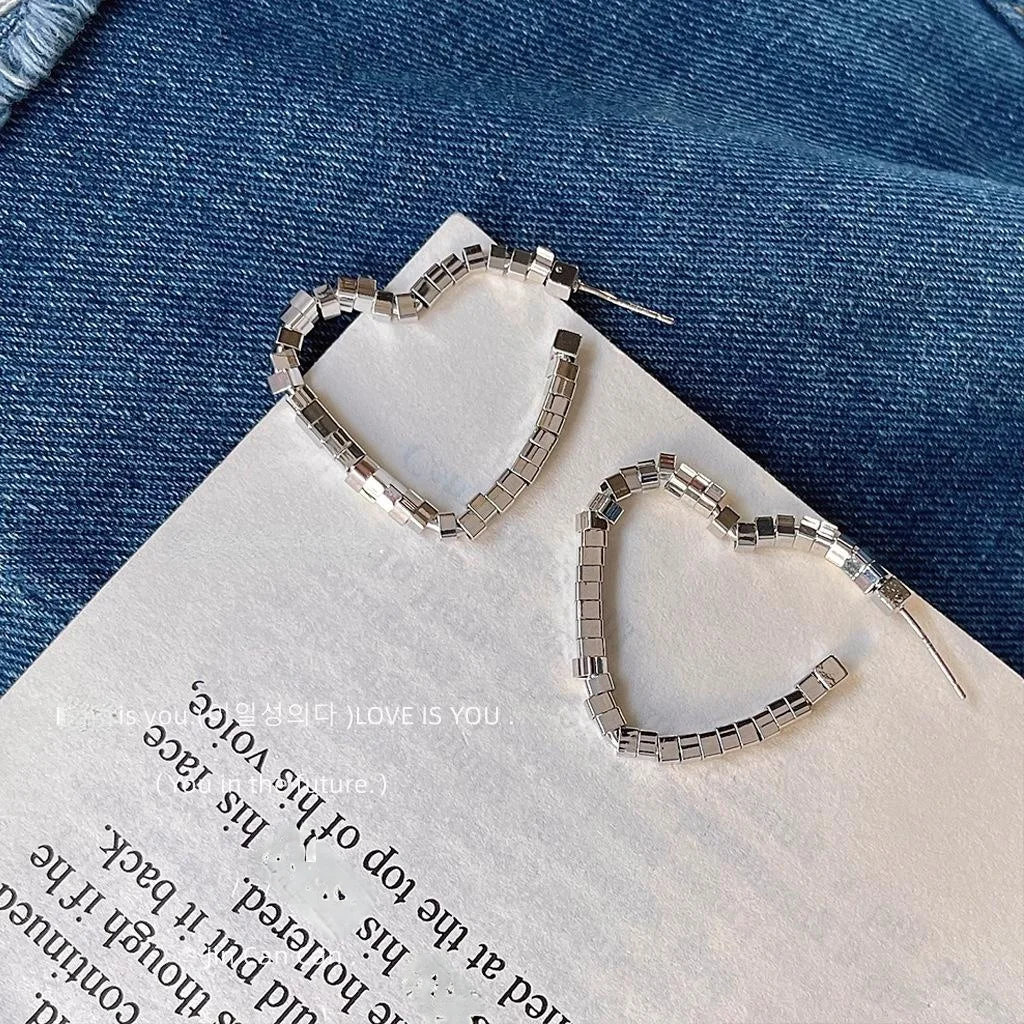 Handmade Metal Hollow Heart Beaded Stud Earrings, Premium Silver Tone Elegant Women's Jewelry
