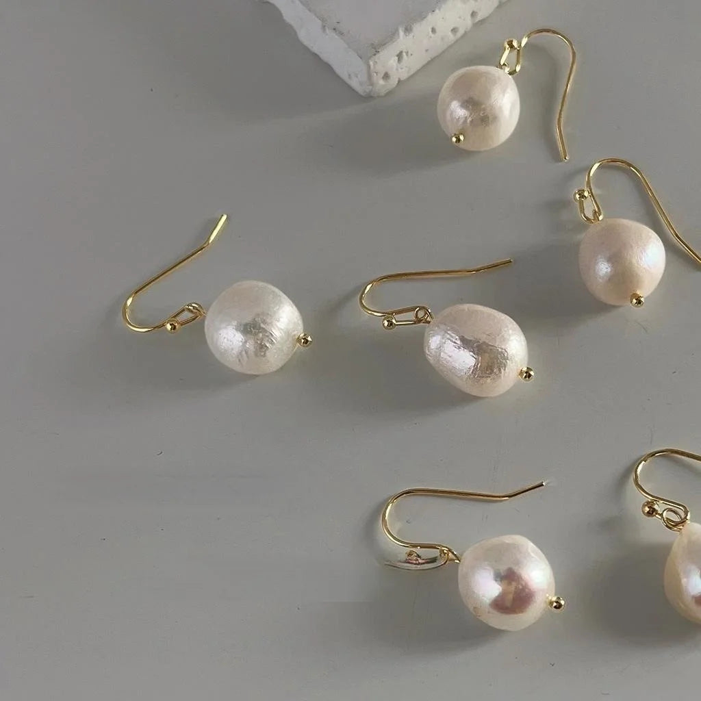 Handmade Baroque Natural Freshwater Pearl Drop Earrings Irregular Geometric Design for Women