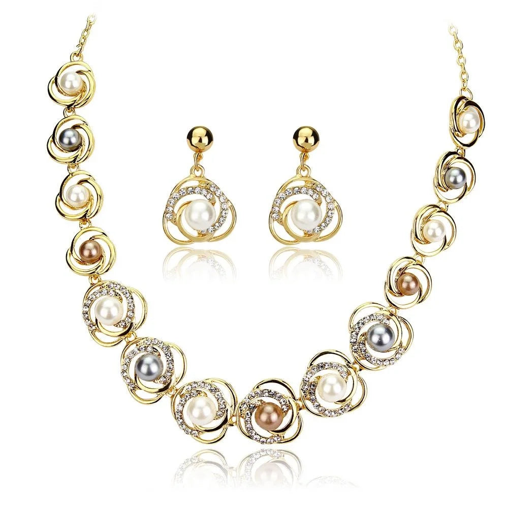 Elegant Gold Alloy Saturn Pearl Rhinestone Necklace Earrings Jewelry Set For Wedding Party Gift