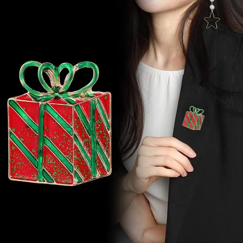 Cute Christmas Gift Box Enamel Alloy Brooch, Hand Painted Holiday Corsage Lapel Pin Suit Accessory Gift