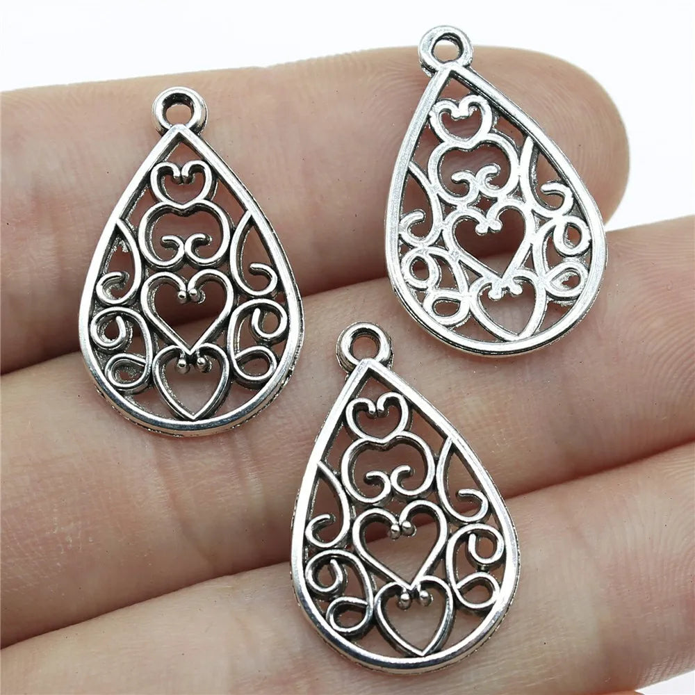 25x15mm 1.1g Antique Silver Zinc Alloy Heart Waterdrop Teardrop Hollow Earring Charms for DIY Earrings Jewelry Making