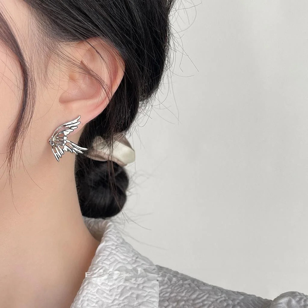 Silver Tone Copper Hollow Elf Wing Butterfly Stud Earrings, Cool Minimalist Fashion Jewelry