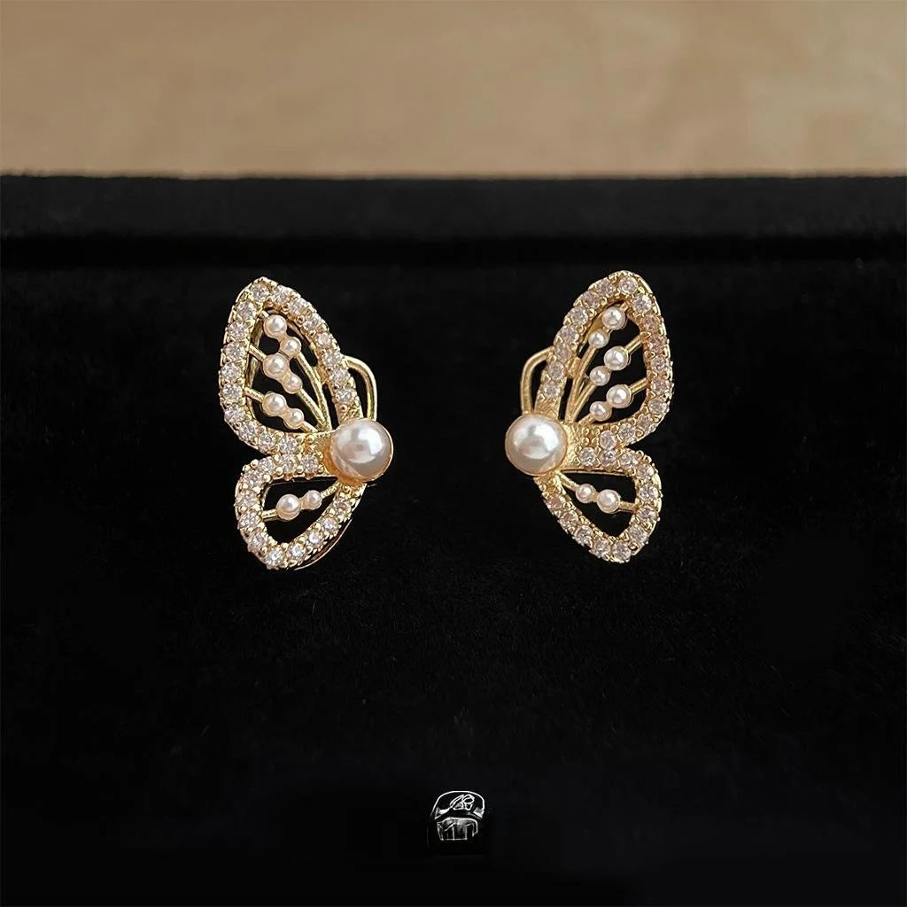 Korean Style 14K Plated Copper Micro Pave Zircon Butterfly Stud Earrings
