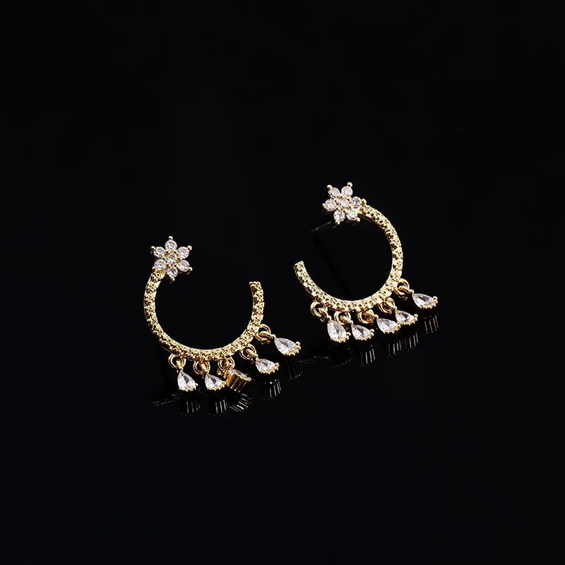 Elegant C Shape Hoop Spiral Disc Stud & Clip On No Piercing Alloy Rhinestone Teardrop Dangle Earrings