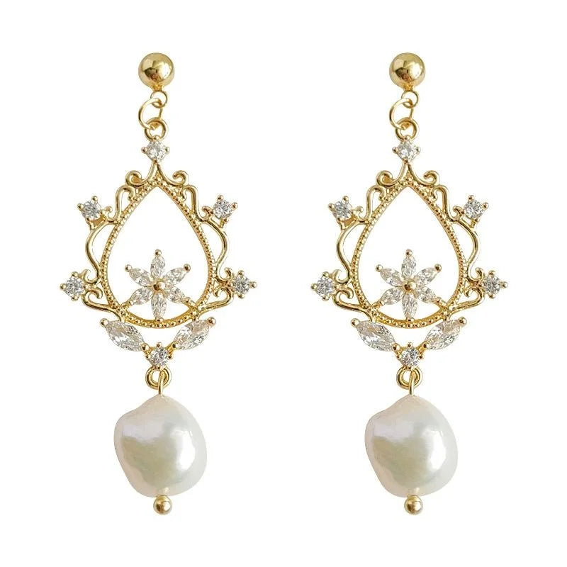 14K Gold Plated Copper Baroque Freshwater Pearl Micro Pave Zircon Geometric Tassel Drop Earrings