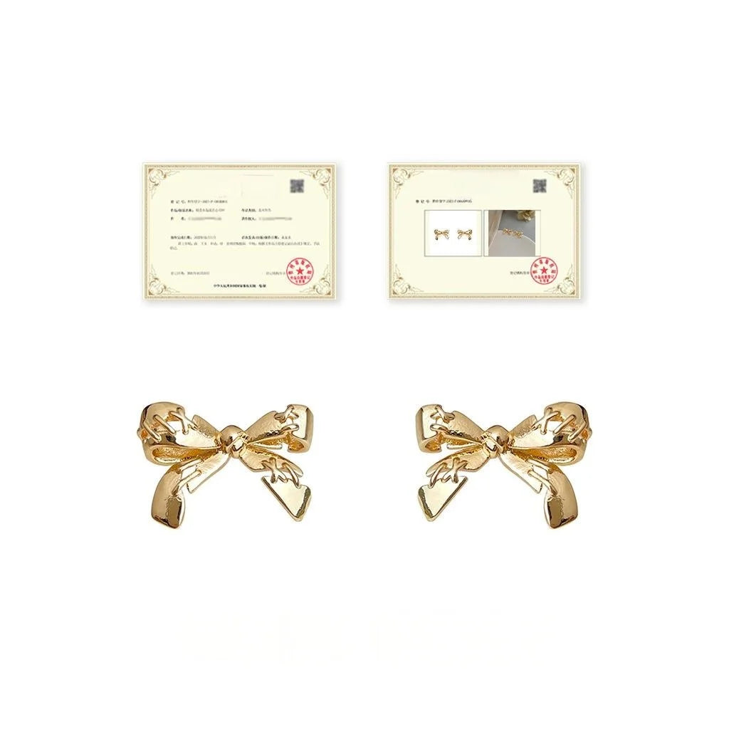 14K Plated Eco-Friendly Copper Bow Stud Earrings With Stitched Crack Design Style
