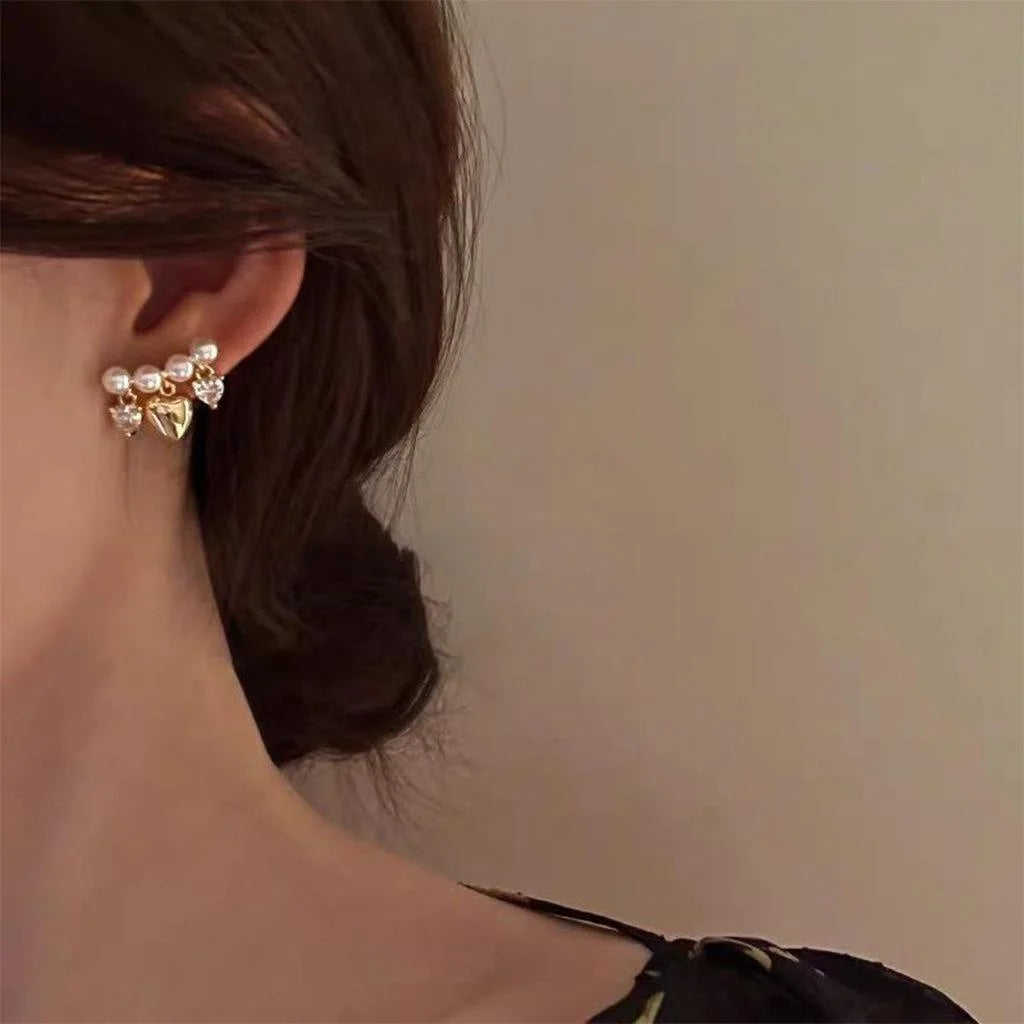 Light Luxury Curved Pearl Heart Stud Earrings Micro Pave Zircon Copper Silver Plated Posts