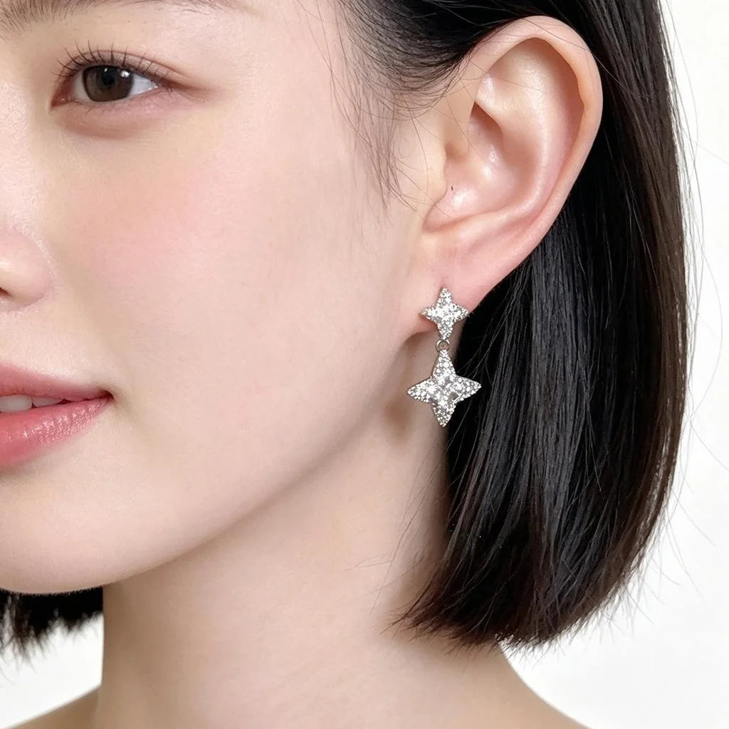 Eco-Friendly Copper Zircon Six-Point Star Tassel Drop Earrings Light Luxury Geometric Jewelry