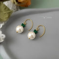 Vintage Ethnic New Chinese Glass Pearl Synthetic Malachite Geometric Round Drop Earrings