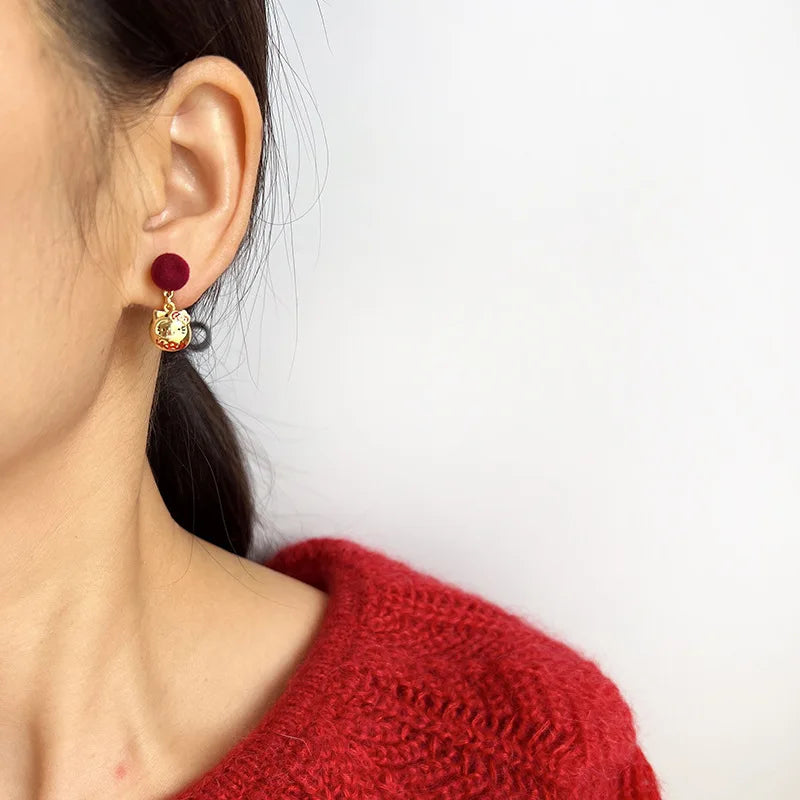 Elegant Chinese New Year Red Velvet Ball Fortune Cat Enamel Alloy Stud & Clip On No Piercing Dangle Earrings