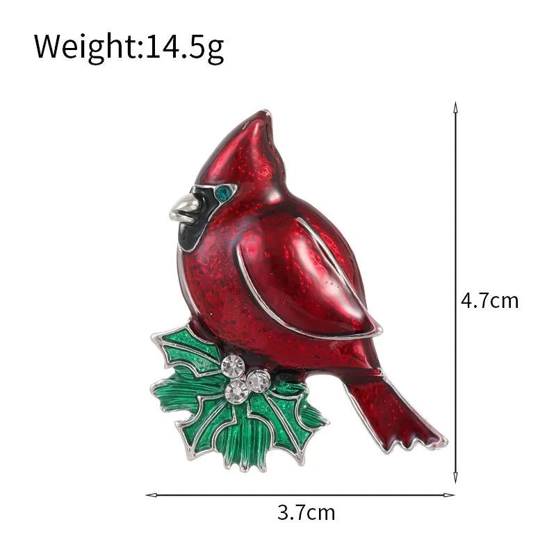 Cute Red Cardinal Bird Enamel Brooch With Rhinestone Holly Leaves, Elegant Animal Lapel Pin Gift