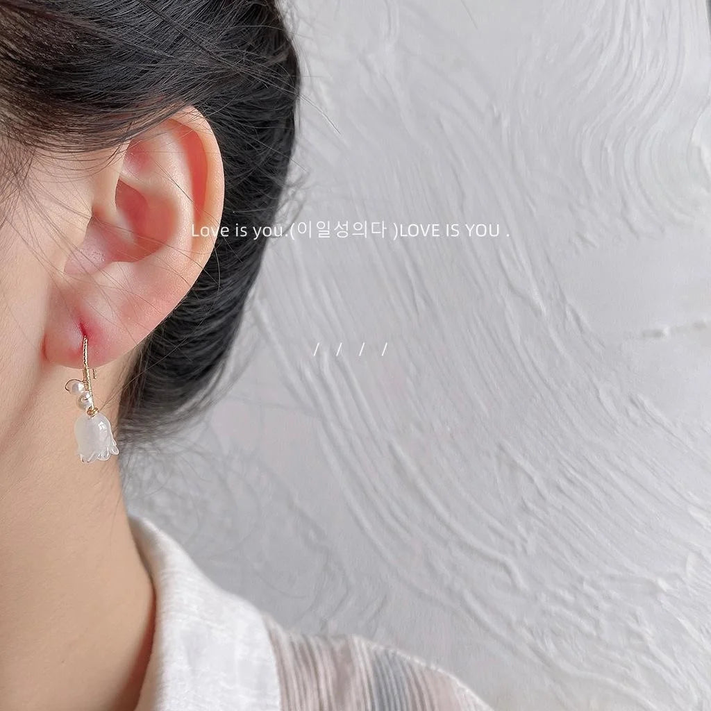 White Glass Orchid Flower Freshwater Pearl Drop Earrings French Sweet Minimalist Jewelry