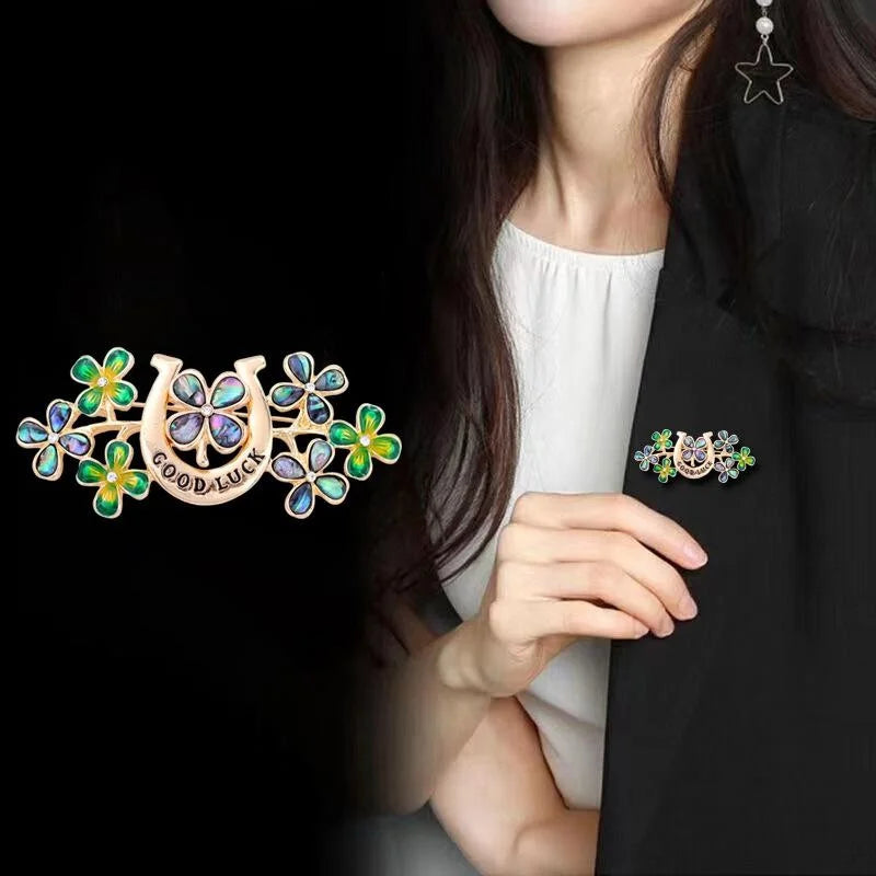 Elegant Alloy Four Leaf Clover Horseshoe Brooch With Enamel Rhinestone Flowers, Women's Lapel Pin Gift