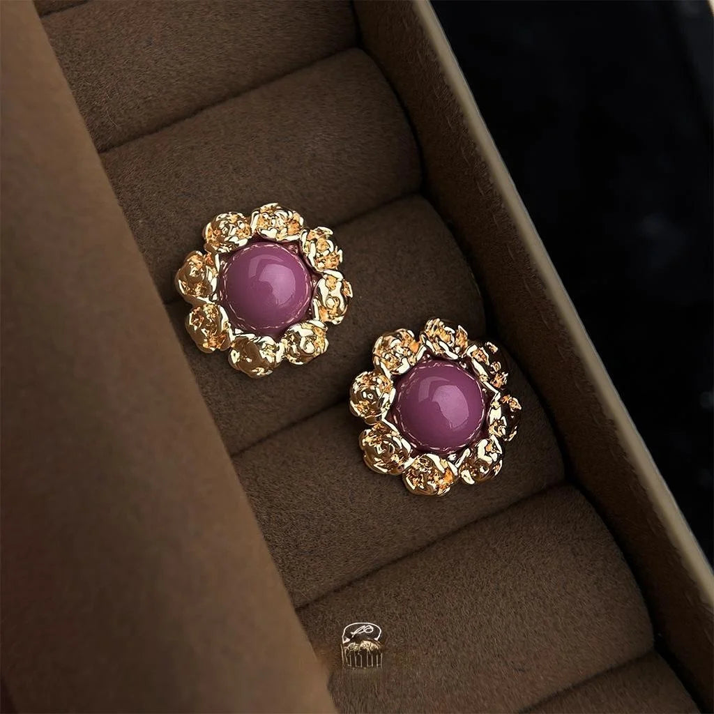 Vintage Court Style Floral Round Copper Stud Earrings, French Elegant Jewelry