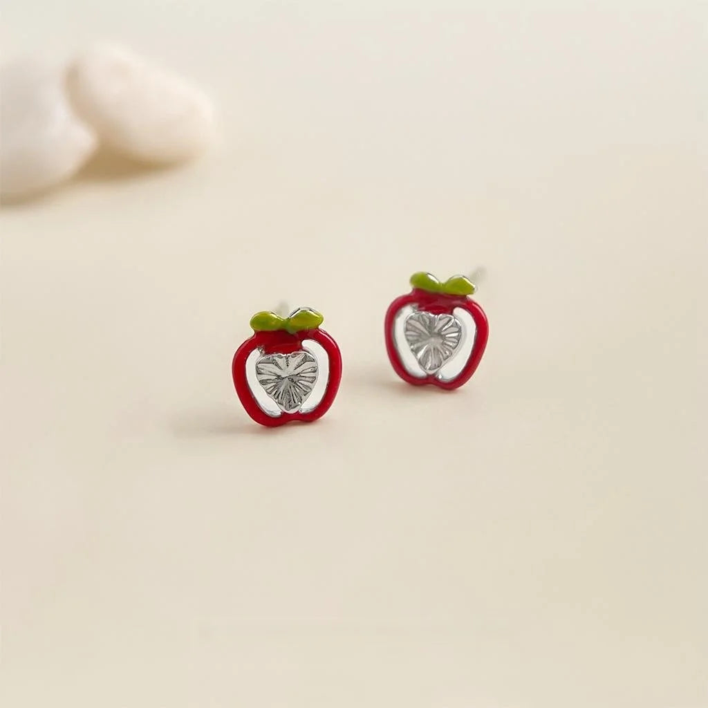 Cute Tiny Apple Stud Earrings Copper Fruit Design Forest Fresh Student Jewelry