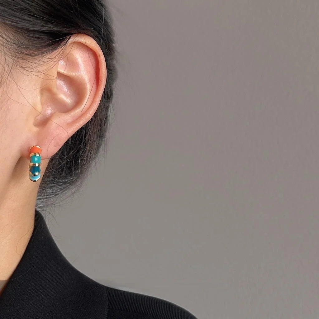 Ethnic Colorful Enamel Copper Hoop Stud Earrings Candy Color Geometric Jewelry