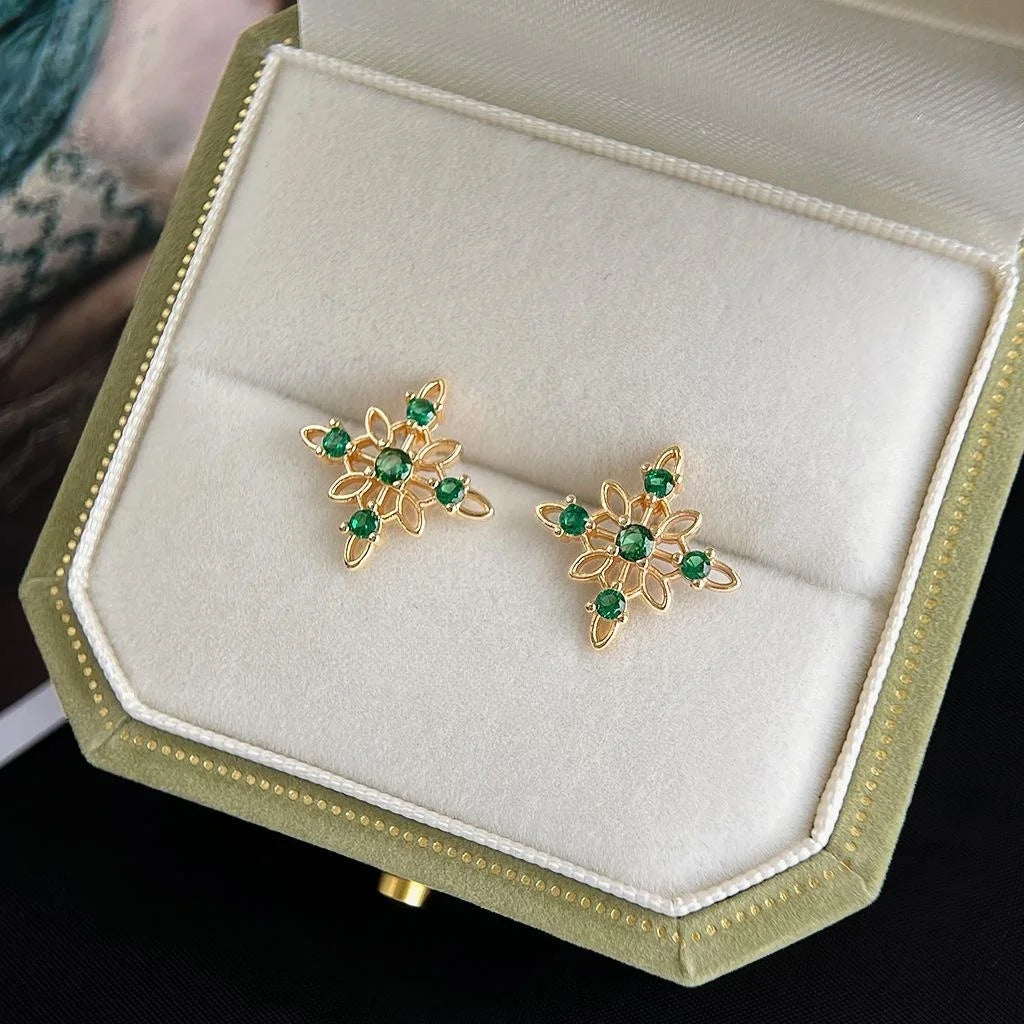14K Gold Plated Copper Micro Pave Emerald Zircon Hollow Star Flower Stud Earrings