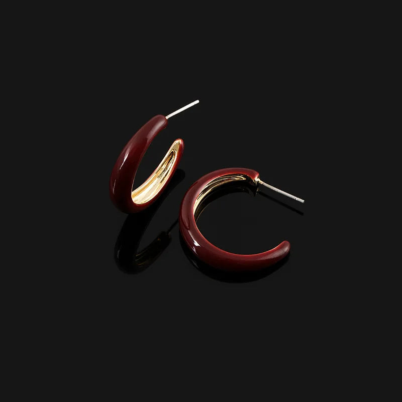 Vintage Dark Red Enamel C Hoop Alloy Stud & Clip On No Piercing Spiral Disc Women's Earrings