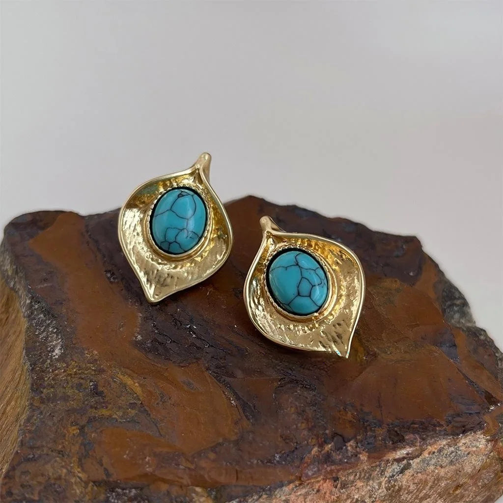 Vintage 14K Gold Plated Synthetic Turquoise Leaf Geometric Stud Earrings
