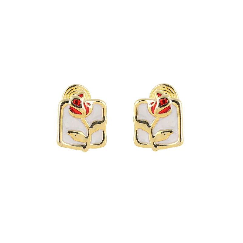 Elegant Enamel Red Rose Square Alloy Flower Stud & Clip On No Piercing Women's Fashion Earrings