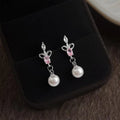 Iris Flower Zircon Pave Copper Teardrop Pearl Drop Earrings Silver Plated Vacation Style