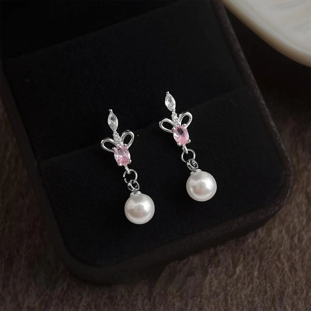 Iris Flower Zircon Pave Copper Teardrop Pearl Drop Earrings Silver Plated Vacation Style