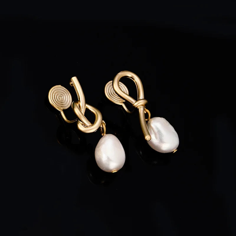 Luxury Elegant Gold Alloy Knot Spiral Baroque Freshwater Pearl Drop Stud & Clip On No Piercing Earrings