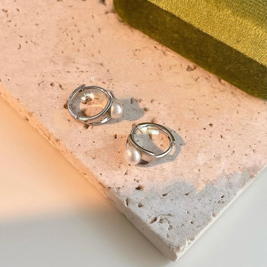 Freshwater Pearl Copper Geometric Hoop Stud Earrings Minimalist Cool Style Jewelry