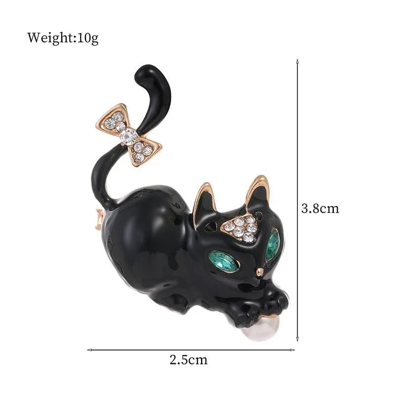 Cute Black Enamel Cat Brooch With Rhinestone Bow And Green Crystal Eyes, Vintage Lapel Pin Gift