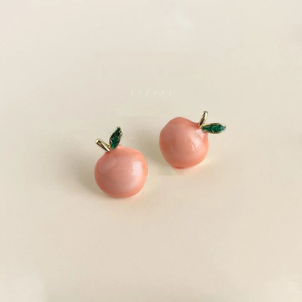 Sweet Pink Apple Enamel Drip Glaze Copper Stud Earrings Cute Geometric Jewelry