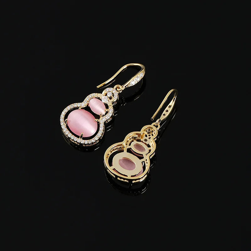 Elegant Pink Cat Eye Stone Gourd Drop Alloy Rhinestone Stud & Clip On No Piercing Vintage Earrings