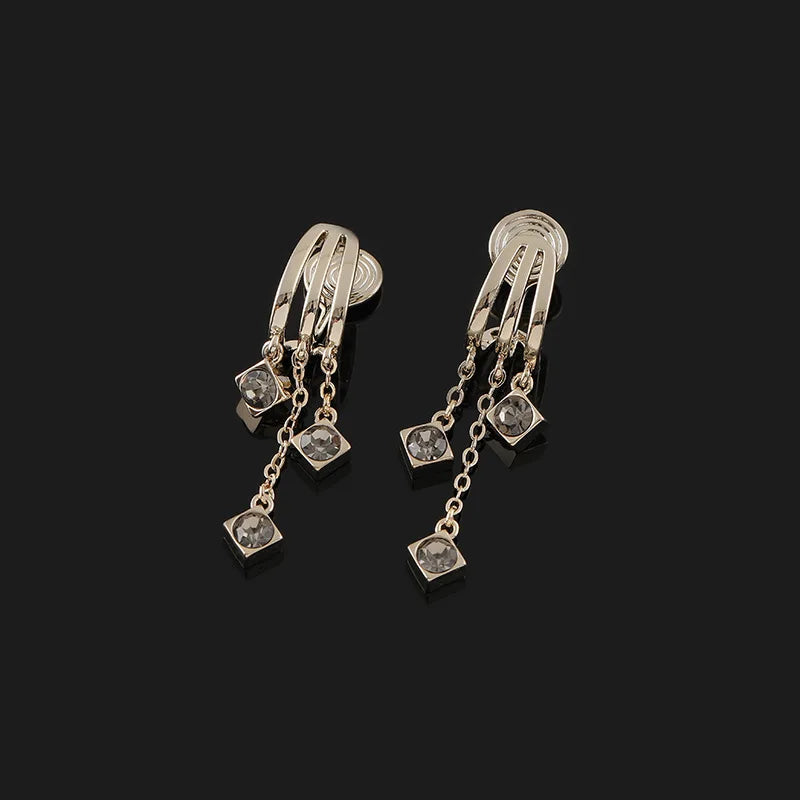 French Vintage Gold Alloy Rhinestone Square Charm Chain Tassel Stud & Clip On No Piercing Earrings