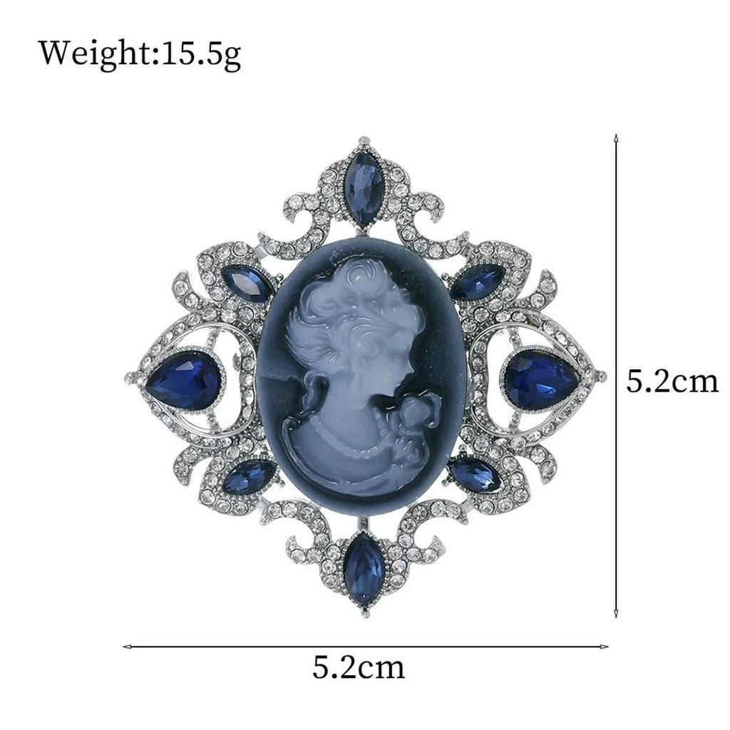 Vintage Lady Cameo Portrait Brooch With Blue Rhinestones, Elegant Alloy Lapel Pin Suit Accessory Gift