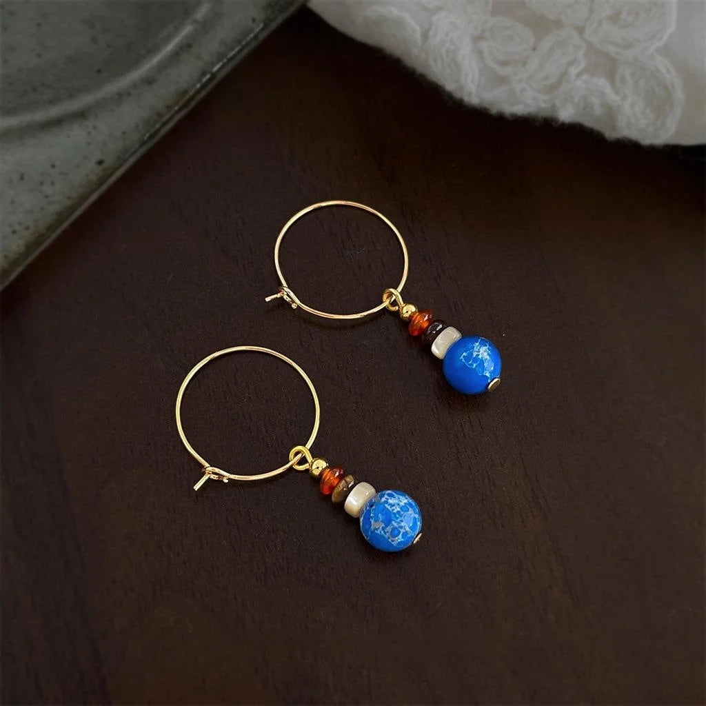 Vintage Ethnic Copper Hoop Earrings With Tiger Eye Agate Imperial Stone Shell Tassel