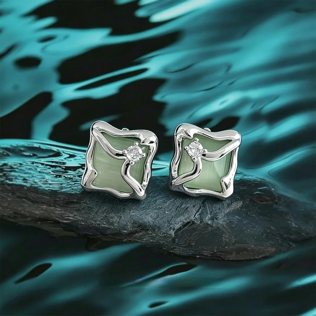 Minimalist Copper Glass Cat Eye Stone Square Stud Earrings With Pave Zircon
