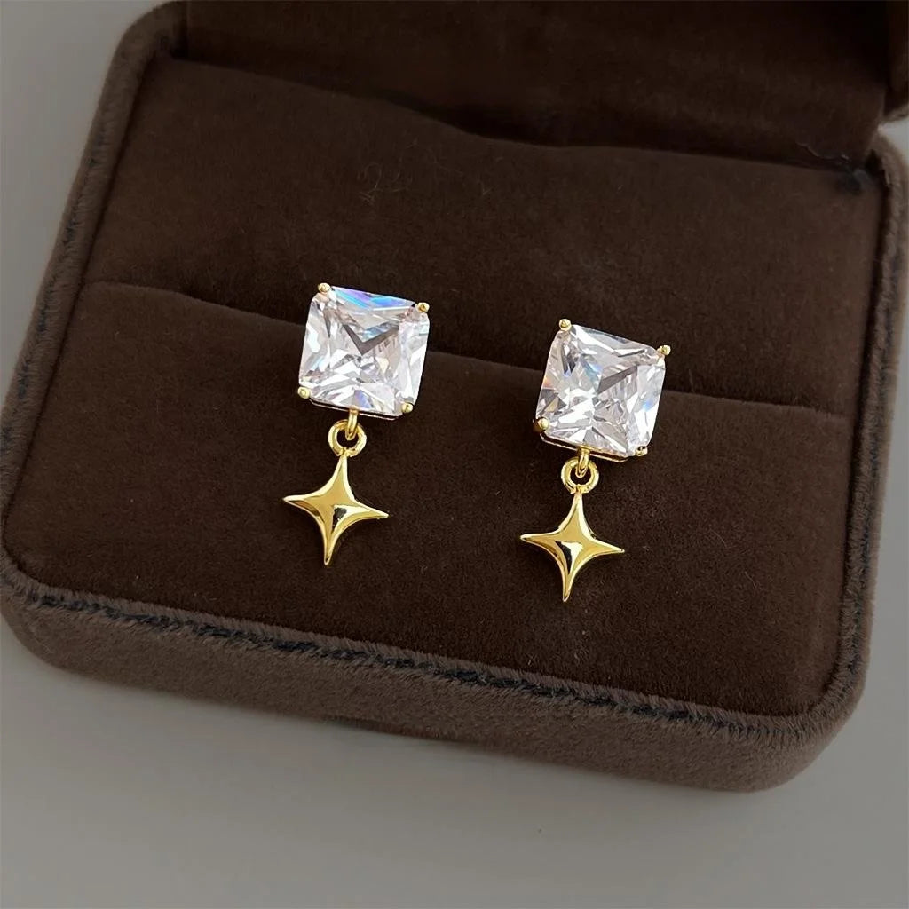 Luxury Copper Zircon Star Geometric Square Stud Earrings, Fashion Yiwu Jewelry