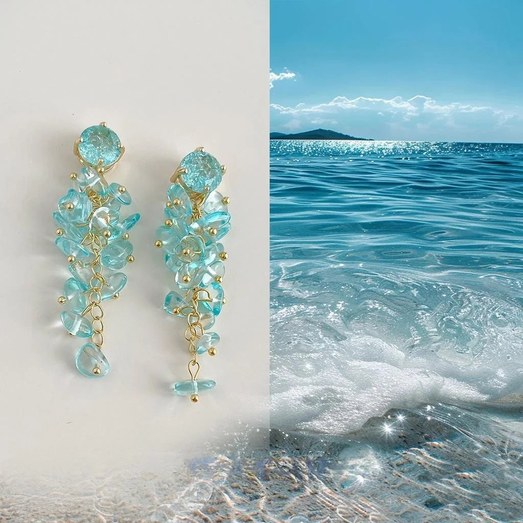 Ocean Series Handmade Long Tassel Glass Crystal Drop Earrings Geometric Resort Style Jewelry